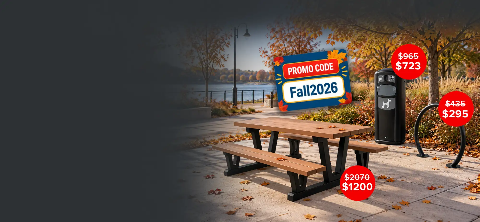 Fall Flash Sale on select municipal site furnishings, including picnic tables, bike racks and dog waste bins, with savings up to 40% through October 9.